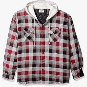 Wrangler Red Grey Black Plaid Quilted Hooded Flannel Lumberjack Shacket Small